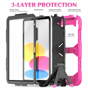 For iPad 10th Gen 10.9 2022 Rugged Silicone Hard PC Tablet Case with Holder(Rose Red)