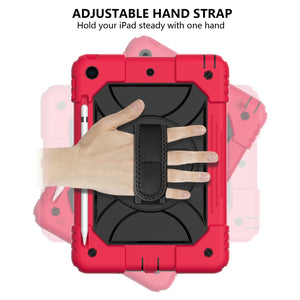 For iPad 10.2 Shockproof PC + Silicone Combination Case with Holder & Hand Strap & Shoulder Strap(Red+Black)