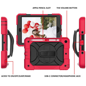 For iPad 10.2 Shockproof PC + Silicone Combination Case with Holder & Hand Strap & Shoulder Strap(Red+Black)