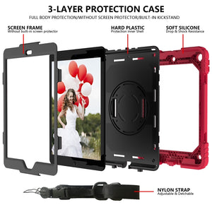 For iPad 10.2 Shockproof PC + Silicone Combination Case with Holder & Hand Strap & Shoulder Strap(Red+Black)