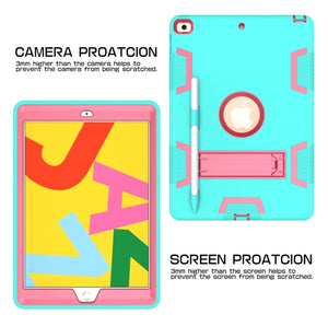 For iPad 10.2 Shockproof PC + Silicone Protective Case with Holder & Pen Slot(Mint Green + Rose Red)