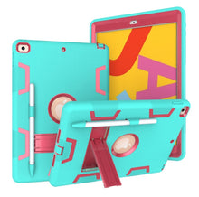 For iPad 10.2 Shockproof PC + Silicone Protective Case with Holder & Pen Slot(Mint Green + Rose Red)