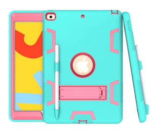 For iPad 10.2 Shockproof PC + Silicone Protective Case with Holder & Pen Slot(Mint Green + Rose Red)