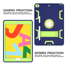 For iPad 10.2 Shockproof PC + Silicone Protective Case with Holder & Pen Slot(Navy Blue + Yellow Green)