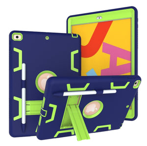 For iPad 10.2 Shockproof PC + Silicone Protective Case with Holder & Pen Slot(Navy Blue + Yellow Green)