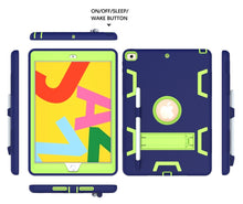 For iPad 10.2 Shockproof PC + Silicone Protective Case with Holder & Pen Slot(Navy Blue + Yellow Green)