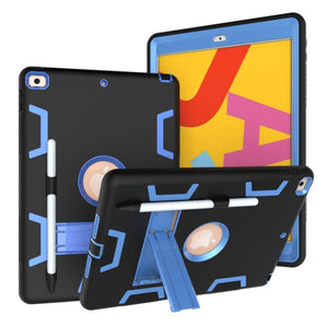 For iPad 10.2 Shockproof PC + Silicone Protective Case with Holder & Pen Slot(Black+Blue)