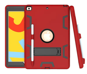 For iPad 10.2 Shockproof PC + Silicone Protective Case with Holder & Pen Slot(Red+Black)