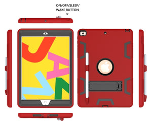 For iPad 10.2 Shockproof PC + Silicone Protective Case with Holder & Pen Slot(Red+Black)