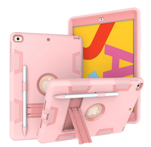 For iPad 10.2 Shockproof PC + Silicone Protective Case with Holder & Pen Slot(Rose Gold)