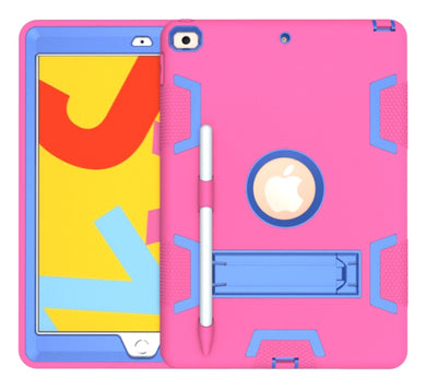 For iPad 10.2 Shockproof PC + Silicone Protective Case with Holder & Pen Slot(Rose Red+Blue)