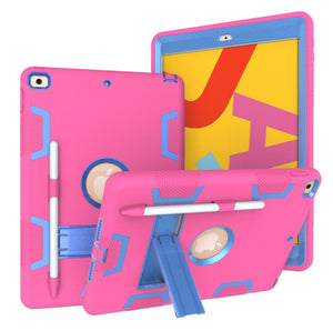 For iPad 10.2 Shockproof PC + Silicone Protective Case with Holder & Pen Slot(Rose Red+Blue)