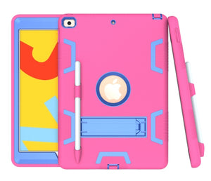 For iPad 10.2 Shockproof PC + Silicone Protective Case with Holder & Pen Slot(Rose Red+Blue)