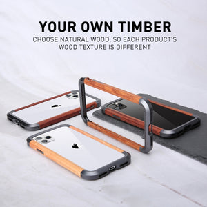 For iPhone 11 Pro R-JUST Metal + Wood Frame Protective Case