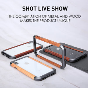 For iPhone XR R-JUST Metal + Wood Frame Protective Case