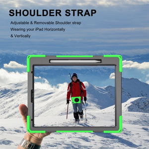 For iPad Pro 12.9 2021 / 2020 Shockproof Colorful Silicone + PC Protective Tablet Case with Holder & Shoulder Strap & Hand Strap & Pen Slot(Green)