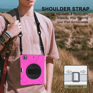 For iPad Pro 12.9 2021 / 2020 Shockproof Colorful Silicone + PC Protective Tablet Case with Holder & Shoulder Strap & Hand Strap & Pen Slot(Rose Red)