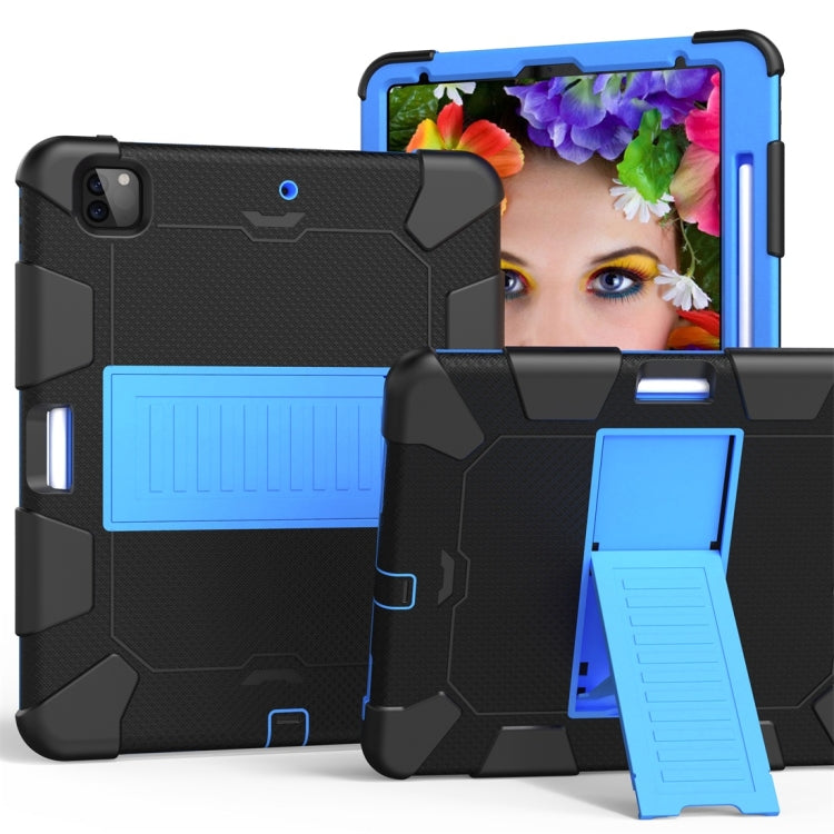 For iPad Pro 12.9 (2018) / (2020) Shockproof Two-Color Silicone Protective Tablet Case with Holder(Black+Blue)