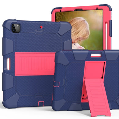For iPad Pro 12.9 (2018) / (2020) Shockproof Two-Color Silicone Protective Tablet Case with Holder(Dark Blue+Rose Pink)