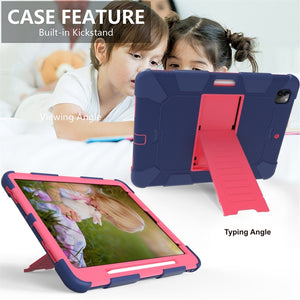 For iPad Pro 12.9 (2018) / (2020) Shockproof Two-Color Silicone Protective Tablet Case with Holder(Dark Blue+Rose Pink)