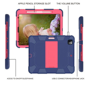 For iPad Pro 12.9 (2018) / (2020) Shockproof Two-Color Silicone Protective Tablet Case with Holder(Dark Blue+Rose Pink)