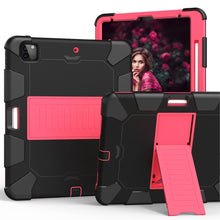 For iPad Pro 12.9 (2018) / (2020) Shockproof Two-Color Silicone Protective Tablet Case with Holder(Black+Rose Pink)