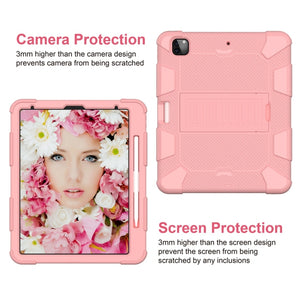 For iPad Pro 12.9 (2018) / (2020) Shockproof Two-Color Silicone Protective Tablet Case with Holder(Rose Gold)