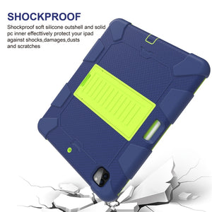 For iPad Pro 12.9 (2018) / (2020) Shockproof Two-Color Silicone Protective Tablet Case with Holder(Dark Blue+Green)