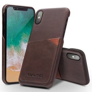 For iPhone X / XS QIALINO Shockproof Cowhide Leather Protective Case with Card Slot(Dark Brown)
