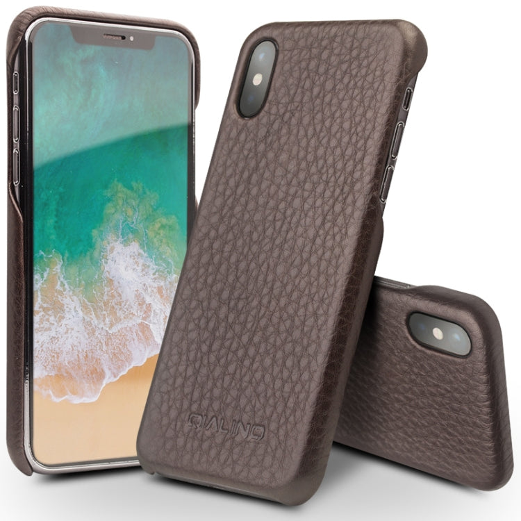 For iPhone X / XS QIALINO Natural Texture Cowhide Leather Protective Case(Dark Brown)
