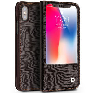 For iPhone X / XS QIALINO Lizard Texture Horizontal Flip Leather Case with Smart View Window & Sleep / Wake-up Function(Brown)