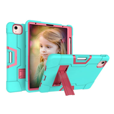 For iPad Air 2022 / 2020 10.9 Contrast Color Robot Shockproof Silicon + PC Protective Case with Holder & Pen Slot(Mint Green + Rose Red)