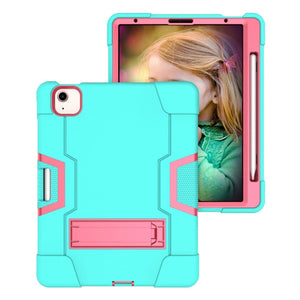 For iPad Air 2022 / 2020 10.9 Contrast Color Robot Shockproof Silicon + PC Protective Case with Holder & Pen Slot(Mint Green + Rose Red)
