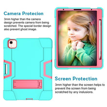 For iPad Air 2022 / 2020 10.9 Contrast Color Robot Shockproof Silicon + PC Protective Case with Holder & Pen Slot(Mint Green + Rose Red)