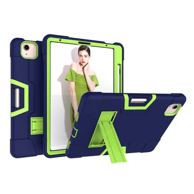 For iPad Air 2022 / 2020 10.9 Contrast Color Robot Shockproof Silicon + PC Protective Case with Holder & Pen Slot(Navy Blue + Yellow-green)