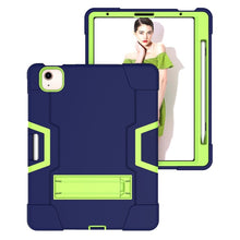 For iPad Air 2022 / 2020 10.9 Contrast Color Robot Shockproof Silicon + PC Protective Case with Holder & Pen Slot(Navy Blue + Yellow-green)