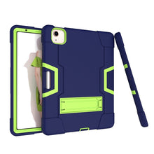 For iPad Air 2022 / 2020 10.9 Contrast Color Robot Shockproof Silicon + PC Protective Case with Holder & Pen Slot(Navy Blue + Yellow-green)