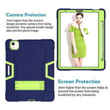 For iPad Air 2022 / 2020 10.9 Contrast Color Robot Shockproof Silicon + PC Protective Case with Holder & Pen Slot(Navy Blue + Yellow-green)