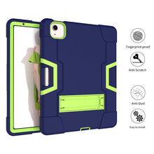 For iPad Air 2022 / 2020 10.9 Contrast Color Robot Shockproof Silicon + PC Protective Case with Holder & Pen Slot(Navy Blue + Yellow-green)