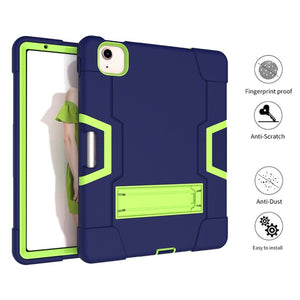 For iPad Air 2022 / 2020 10.9 Contrast Color Robot Shockproof Silicon + PC Protective Case with Holder & Pen Slot(Navy Blue + Yellow-green)