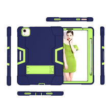For iPad Air 2022 / 2020 10.9 Contrast Color Robot Shockproof Silicon + PC Protective Case with Holder & Pen Slot(Navy Blue + Yellow-green)