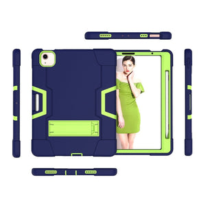 For iPad Air 2022 / 2020 10.9 Contrast Color Robot Shockproof Silicon + PC Protective Case with Holder & Pen Slot(Navy Blue + Yellow-green)