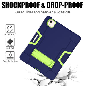For iPad Air 2022 / 2020 10.9 Contrast Color Robot Shockproof Silicon + PC Protective Case with Holder & Pen Slot(Navy Blue + Yellow-green)