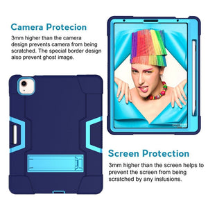 For iPad Air 2022 / 2020 10.9 Contrast Color Robot Shockproof Silicon + PC Protective Case with Holder & Pen Slot(Navy Blue + Blue)