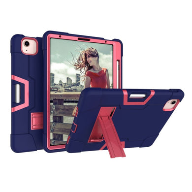 For iPad Air 2022 / 2020 10.9 Contrast Color Robot Shockproof Silicon + PC Protective Case with Holder & Pen Slot(Navy Blue + Rose Red)