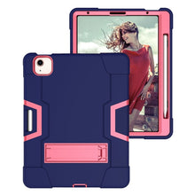 For iPad Air 2022 / 2020 10.9 Contrast Color Robot Shockproof Silicon + PC Protective Case with Holder & Pen Slot(Navy Blue + Rose Red)