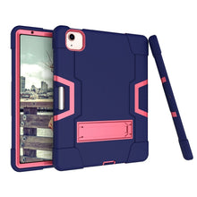 For iPad Air 2022 / 2020 10.9 Contrast Color Robot Shockproof Silicon + PC Protective Case with Holder & Pen Slot(Navy Blue + Rose Red)