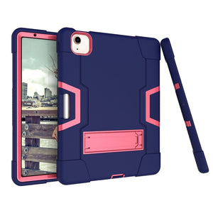 For iPad Air 2022 / 2020 10.9 Contrast Color Robot Shockproof Silicon + PC Protective Case with Holder & Pen Slot(Navy Blue + Rose Red)