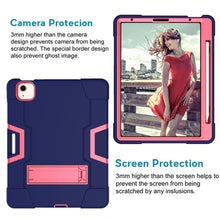 For iPad Air 2022 / 2020 10.9 Contrast Color Robot Shockproof Silicon + PC Protective Case with Holder & Pen Slot(Navy Blue + Rose Red)
