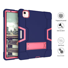 For iPad Air 2022 / 2020 10.9 Contrast Color Robot Shockproof Silicon + PC Protective Case with Holder & Pen Slot(Navy Blue + Rose Red)